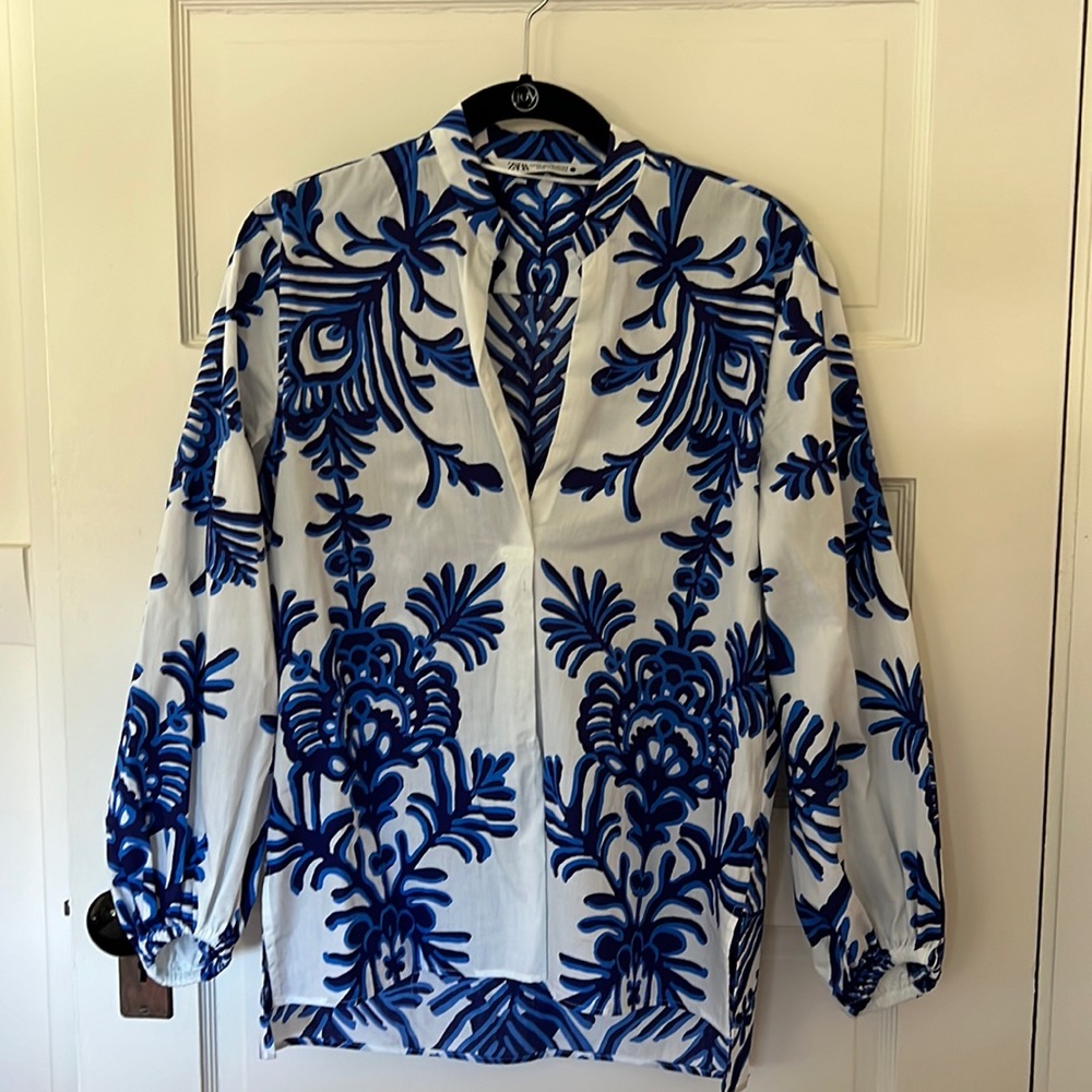 Zara blue and white blouse
